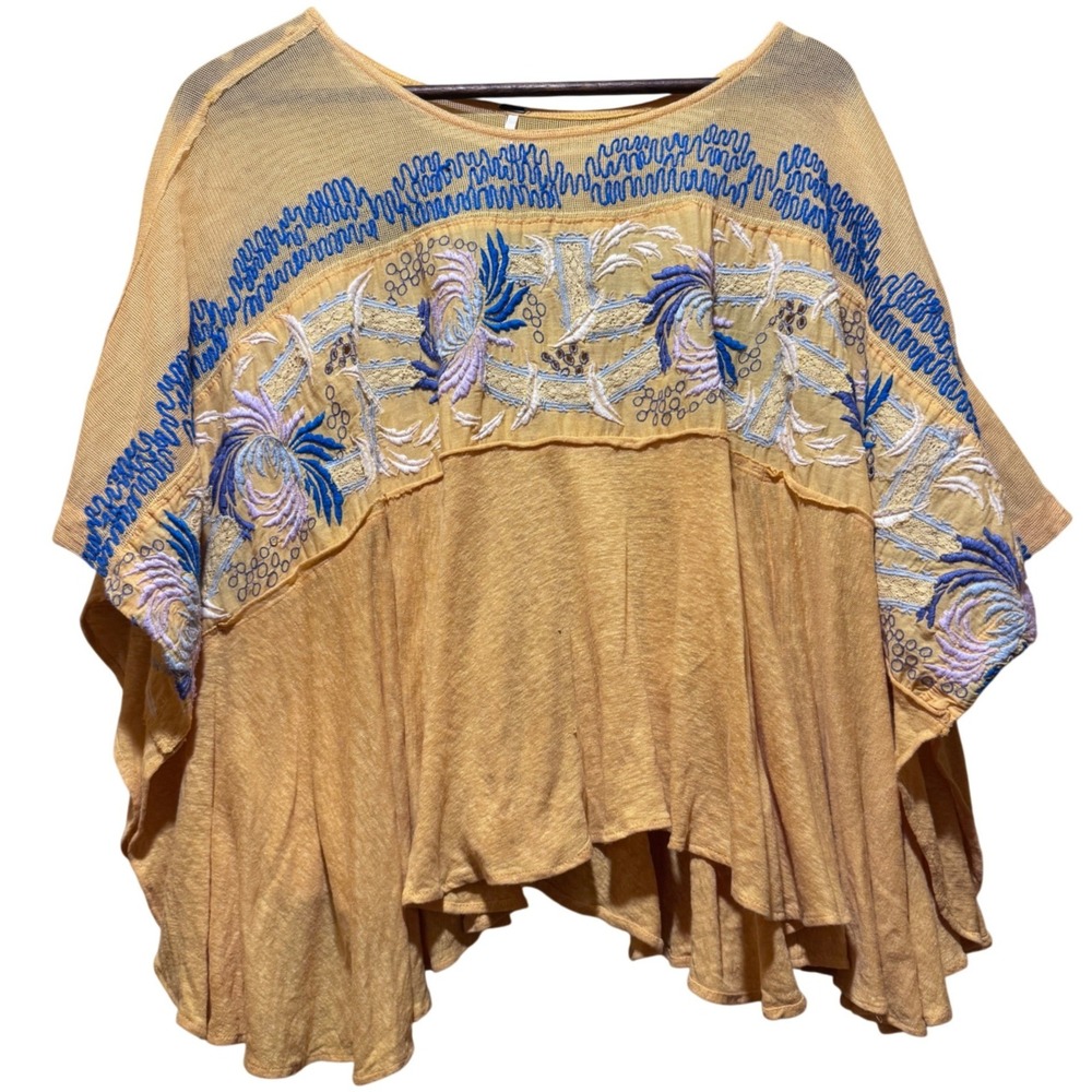 Free People Love Letter Embroidered Mesh Poncho Top Boho Tangerine & Blue Small